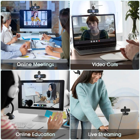 Straight Up Crisp 1080P Full Hd Webcam With Noise Canceling Mic And Auto Light Correction Featuring Wide Angle Lens in use for online meetings, video calls, education, and live streaming.