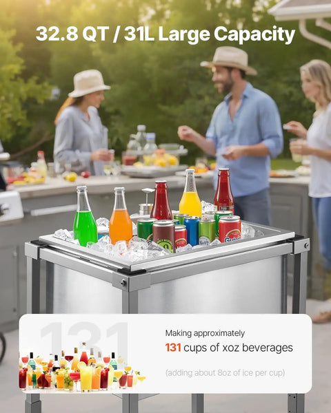 Rolling Ice Chest Cooler Cart With Stainless Steel Build On Wheels 32.8 Quart Drop In Ice Bin at outdoor party, beverages on ice