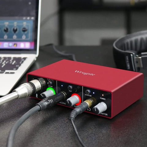USB Audio Interface For PC With 24 Bit 192 KHz Resolution Plug And Play XLR Input 48V Phantom Power Noise Free Sound, red design connected to laptop