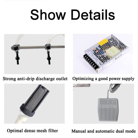 Pro Grade Automatic Liquid Filling Machine Double Head Stainless Steel Bottle Dispenser components showing anti-drip outlet, power supply, filter, foot switch.