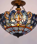 Tiffany Style Ceiling Light Fixture With Blue Purple Cloudy Stained Glass Semi Flush Mount Lamp 16 Inch Wide And 15 Inch Tall