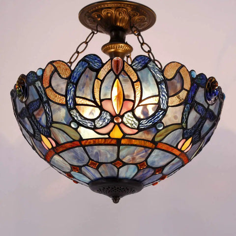 Tiffany Style Ceiling Light Fixture With Blue Purple Cloudy Stained Glass Semi Flush Mount Lamp 16 Inch Wide And 15 Inch Tall