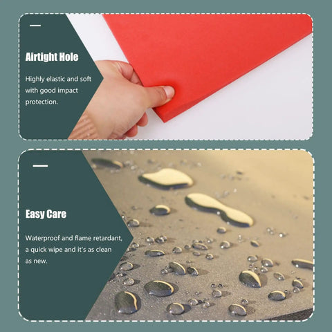 Airtight hole material showcasing elasticity and soft texture for impact protection, with waterproof surface for easy care.