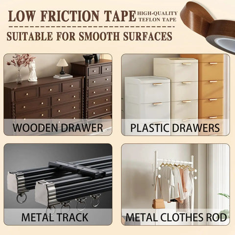 Hella Smooth Low Friction Drawer Slide Tape Two Rolls Half Inch By Thirty Three Feet No Squeak Adhesive Padding in use on wooden, plastic drawers, metal track, and clothes rod.