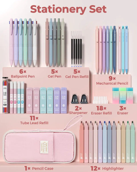 56 Piece Cute Pink Pencil Case Back To School Preppy Style Stationery Kit With Multicolor Pens Gel Pens Pastel Highlighters
