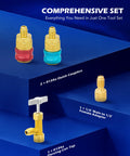 Three Way AC Diagnostic Manifold Gauge Set with quick couplers, adapter, and can tap on blue background
