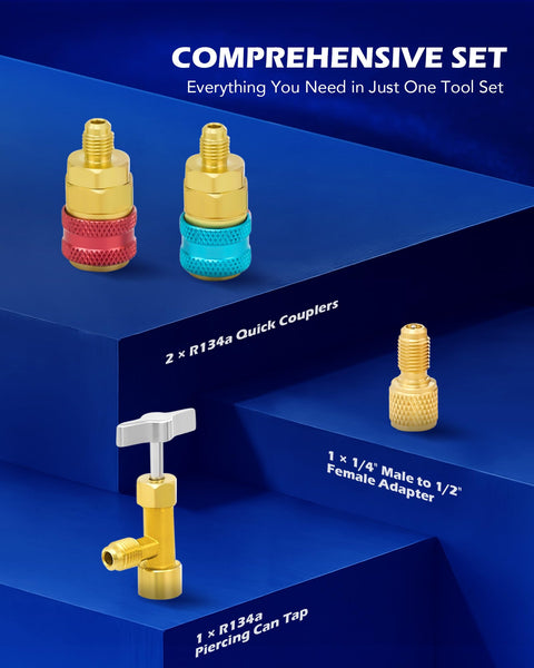 Three Way AC Diagnostic Manifold Gauge Set with quick couplers, adapter, and can tap on blue background