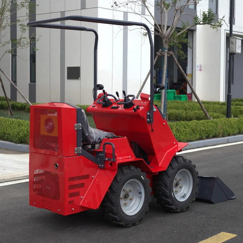 Rear view of Mini Skid Steer Loader With Wear Resistant Tires And Foldable Pedals Backhoe Attachment For Construction Jobs