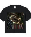 Chill Boxy Crop Top With American Flag Gears Ruin Industrial Design Soft Washed Garment Dyed Beige Heavyweight Cotton For Relaxed Vibe featuring gear graphic.