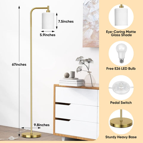 Modern Floor Lamp For Living Room With Frosted Glass Shade, Industrial Gold Tall Pole Light With Foot Switch in room setting