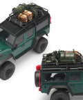 Trail Ready RC Crawler Accessories Kit For 1 By 18 And 1 By 24 Scale Rigs with roof rack and gear on green models