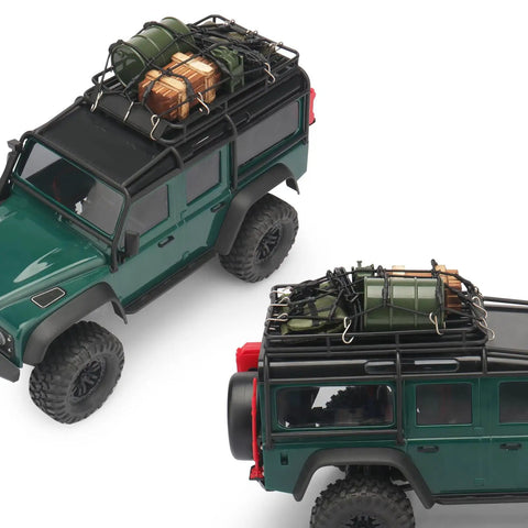 Trail Ready RC Crawler Accessories Kit For 1 By 18 And 1 By 24 Scale Rigs with roof rack and gear on green models