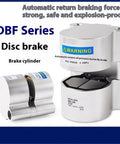 Heavy Duty Air Pressure Disc Brake Cylinder For Disc And Lathe Tooling With Air Pressure Control, Tough As Nails Industrial CNC Machine Brake System, DBF L08 L10 L15 Series, Replacement Disk Brake Component For Precision Machining, two metallic cylinders with labeled warning.