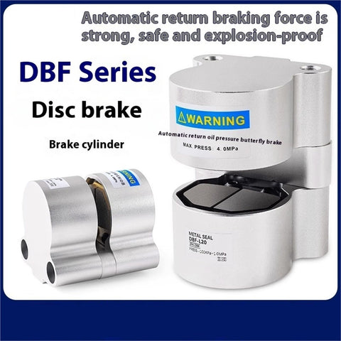 Heavy Duty Air Pressure Disc Brake Cylinder For Disc And Lathe Tooling With Air Pressure Control, Tough As Nails Industrial CNC Machine Brake System, DBF L08 L10 L15 Series, Replacement Disk Brake Component For Precision Machining, two metallic cylinders with labeled warning.