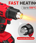 Cordless Heat Gun With Fast Heating Up To 1022F 550C, Lightweight Portable Hot Air Tool Kit in black and red with honeycomb steel nozzle.