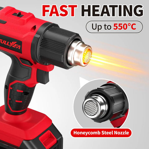 Cordless Heat Gun With Fast Heating Up To 1022F 550C, Lightweight Portable Hot Air Tool Kit in black and red with honeycomb steel nozzle.