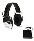 Impact Sport Electronic Shooting Earmuff With Sound Amplification In Multicam Alpine for range showing earmuffs connected to a device