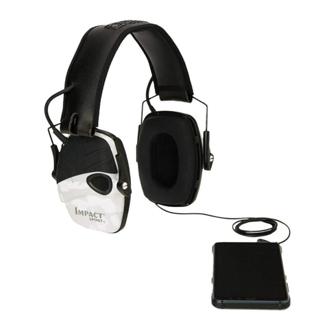 Impact Sport Electronic Shooting Earmuff With Sound Amplification In Multicam Alpine for range showing earmuffs connected to a device