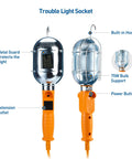 Front view of an ETL Listed LED Drop Light With 25 Foot Extension Cord, Built-In Outlet, Magnetic Base And Handle In Bright Orange.