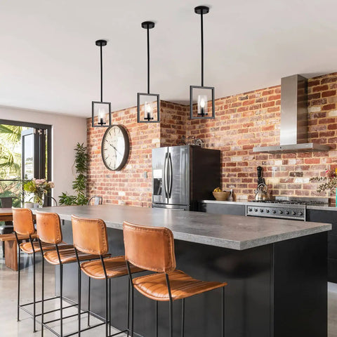 Modern Black Mini Pendant Lights Three Pack With Square Metal Frame And Glass Shade Industrial Hanging Ceiling Chandeliers for Kitchen Island