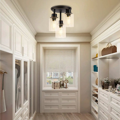 Three Light Semi Flush Mount Ceiling Light With Vintage Oil Rubbed Bronze Finish And Clear Seeded Glass Shades in hallway
