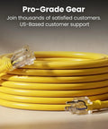 Heavy Duty 100 Ft Outdoor Extension Cord 10 3 Gauge SJTW 10 AWG 3 Prong Power Cable With Lighted End coiled on a surface