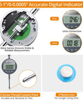 Close-up of Pro Grade Disc Brake Rotor Gauge Dial Indicator, digital display, M2.5 screw contact point, glass sensor and batteries shown.