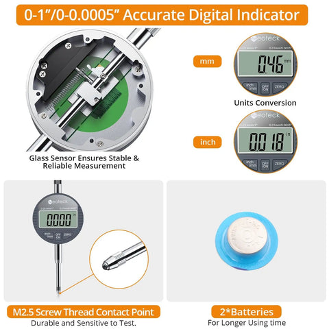 Close-up of Pro Grade Disc Brake Rotor Gauge Dial Indicator, digital display, M2.5 screw contact point, glass sensor and batteries shown.