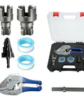 7 Piece PVC Pipe Threading Tool Set For One Half Inch And Three Quarter Inch Pipes With Internal And External Thread Cutters, showing components and carrying case.