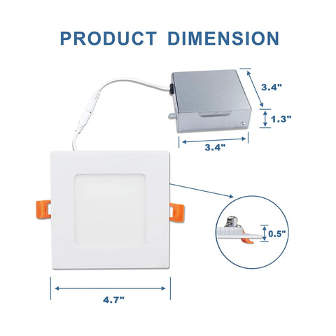Lit 4 Inch Recessed LED Panel Lights 9W 550 Lumens Dimmable 120V 5000K Daylight ETL Listed Canless Square Downlight dimensions