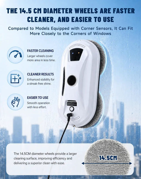 Automatic Window Cleaning Robot With AI Navigation And Edge Detection, powerful suction, white device with wheels, promotional text