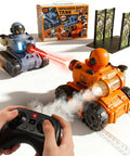 Rad 2 Pack RC Battle Tanks For Kids Aged 3 To 15, 2.4GHz remote control, orange and blue tanks in action with water mist feature