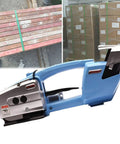 Straight Up Heavy Duty Battery Powered Electric Strapping Gun With Auto Melting And Cut For Pet Pp Packing Straps Handheld Bander showing close up on blue design with packaging in background.