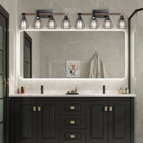 Rustic Wood And Matte Black Industrial Vanity Light Four Light Over Mirror Sconce in bathroom above mirror