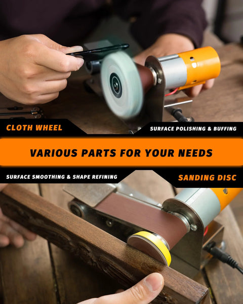Mini belt sander with orange motor housing and abrasive belt for knife making and woodworking.