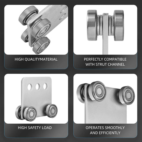 Four Wheel Trolley Assembly Rollers With Four Bearings For One And Five Eighths Inch Wide Strut Channel, close-up view of steel rollers