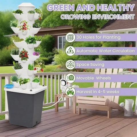 Green and healthy environment with Dope High Yield 30 Pod Indoor Hydroponic Tower Garden System with movable water tank and pump.