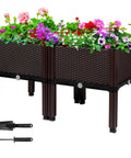 Elevated Two Box Raised Garden Bed With Drainage For Vegetables Herbs And Flowers, Plastic Planter Boxes, Sturdy Brown