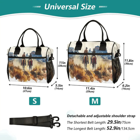 Desert Cowboy Insulated Lunch Tote For Women With Adjustable Shoulder Strap sizes S and M showing dimensions and strap