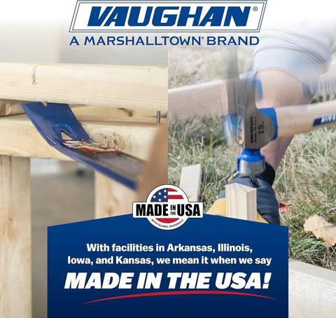 Rip Claw Nail Hammer With Fiberglass Handle 24 Oz Built For Framing And Trim Work Installing And Removing Nails Plus Light Demolition Tasks Tough As Nails Rust Resistant Powder Coated Finish Made In The USA FS505M VN12338 in use on wooden frame, close-up view
