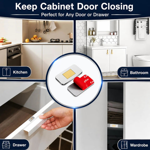 4 Pack Magnetic Cabinet Door Catches For Wardrobe Closet Drawer Shutter Easy Mount With Super Strong Adhesion Keeps Doors Closed Securely And Quietly Ideal For Home Kitchen Office Cabinets And Furniture; shown in kitchen and bathroom cabinets with close-up of magnetic catch