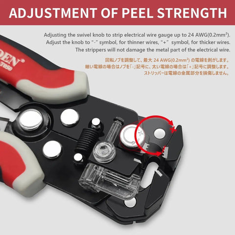 Close-up of an Automatic Wire Stripper Pliers With Self-Adjusting 3-In-1 Function showcasing peel strength adjustment.