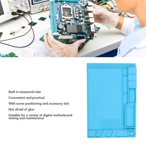 Heat Resistant Silicone Soldering Mat With Anti Static Magnetic Repair Station for cell phones laptops watches shown with motherboard