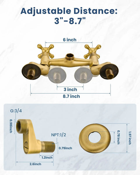 Dimensions and parts of wall mount kitchen faucet with 6 inch spout dual handles hot and cold water mixer tap in antique brass finish.