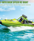 Totally Fun RC Boat For Kids And Adults With 2.4GHz Remote Control, LED Lights, 20 MPH Fast Jet Boat on water, green.
