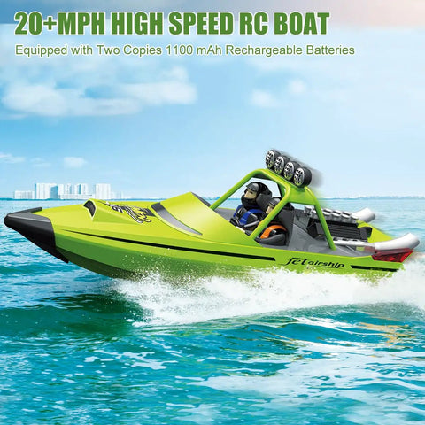 Totally Fun RC Boat For Kids And Adults With 2.4GHz Remote Control, LED Lights, 20 MPH Fast Jet Boat on water, green.
