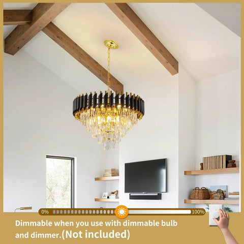 Five Light LED Teardrop Crystal Pendant Chandelier In Gold Finish For Kitchen Island Foyer Hallway And Bedroom Modern Raindrop Ceiling Light With 4000K Neutral White Glow Lit, hanging in a modern living room with exposed beams.