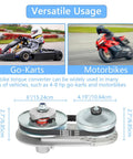 Go Kart Torque Converter Kit 2HP-7HP shown with application in go-karts and motorbikes, includes 3/4 inch drive belts and sprockets.