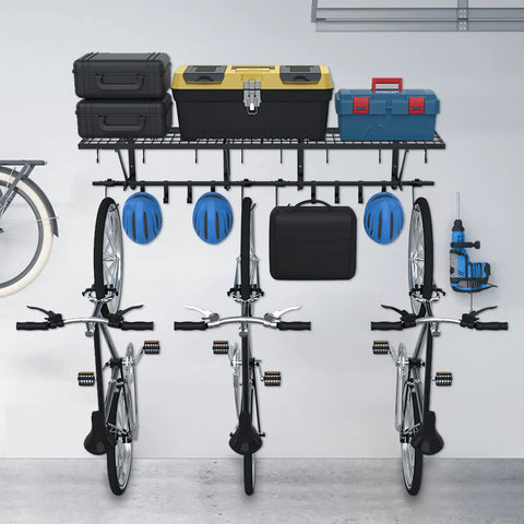 Heavy Duty Wall Mount Garage Shelves Two Pack With Bike Hooks And Mounting Hardware, 31.5 By 14.17 By 13.39 Inch Floating Storage Racks, Durable Gear Organizer For Tools And Gear, 250 Lb Per Shelf Capacity with bikes and gear hung