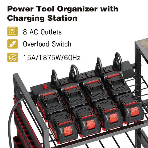 Close-up of Heavy Duty Power Tool Organizer Cart With Charging Station On Wheels 8 Outlets And 8 Slots Cordless Drill Holder